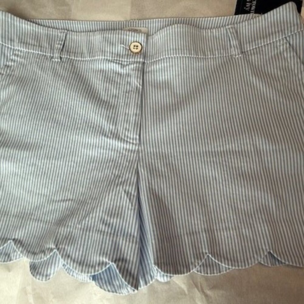 WOMEN’S SHORTS, CROWN AND IVY, SHELBY  SIZE 14, LT BLUE AND WHITE RAILROAD STRIP